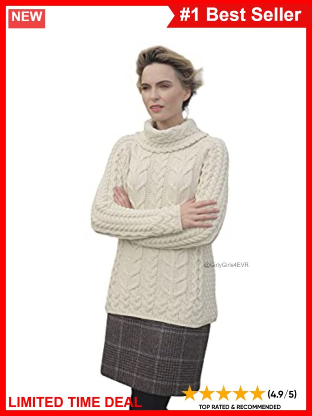 Merino Wool Cowl Neck Knit Irish Aran Sweater Pullover
